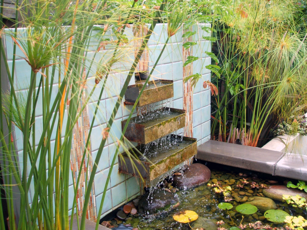 A custom build water feature is the focal point of this small landscape design. Flanked by Papyrus, the colorful sky blue tiles are offset by rust tone accent tiles to match the custom steel troughs. The water spills into a custom basin with rocks and pebbles for a natural pond look while maintaining a contemporary shape. Lily Pads and other bog plants can be grown in here.